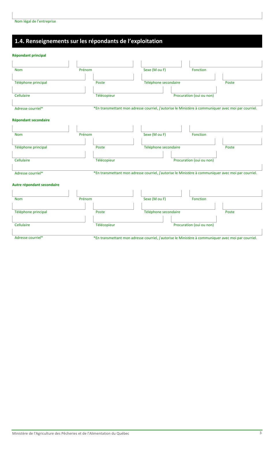 Formulaire Pour La Fiche Denregistrement Dune Exploitation Agricole Au Ministere De Lagriculture, DES Pecheries Et De Lalimentation - Quebec, Canada (French), Page 3