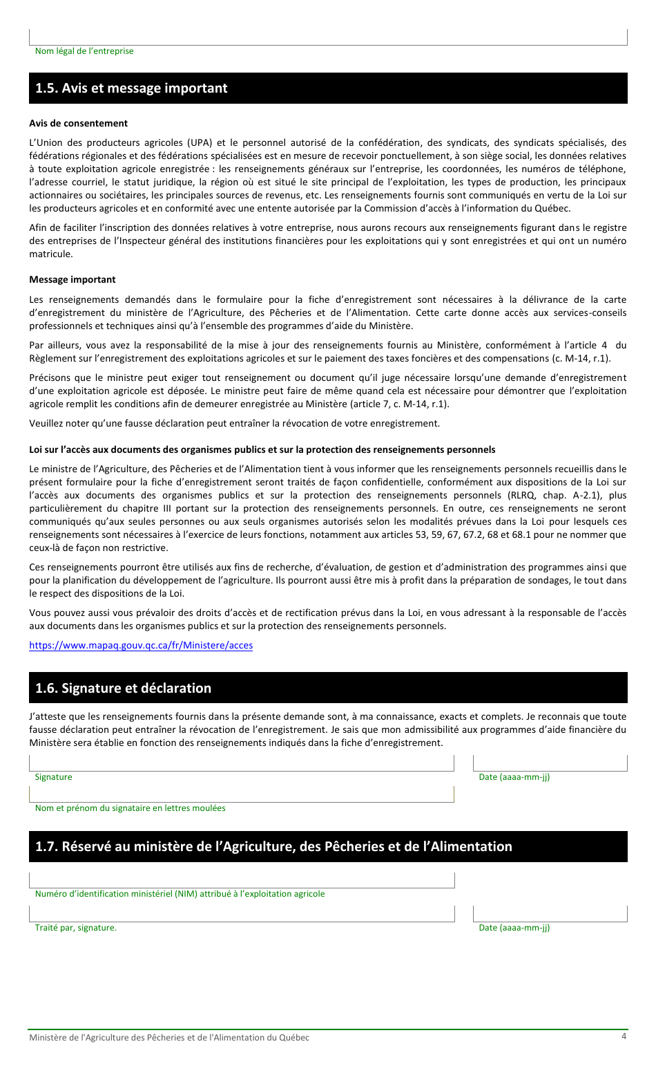 Formulaire Pour La Fiche Denregistrement Dune Exploitation Agricole Au Ministere De Lagriculture, DES Pecheries Et De Lalimentation - Quebec, Canada (French), Page 4