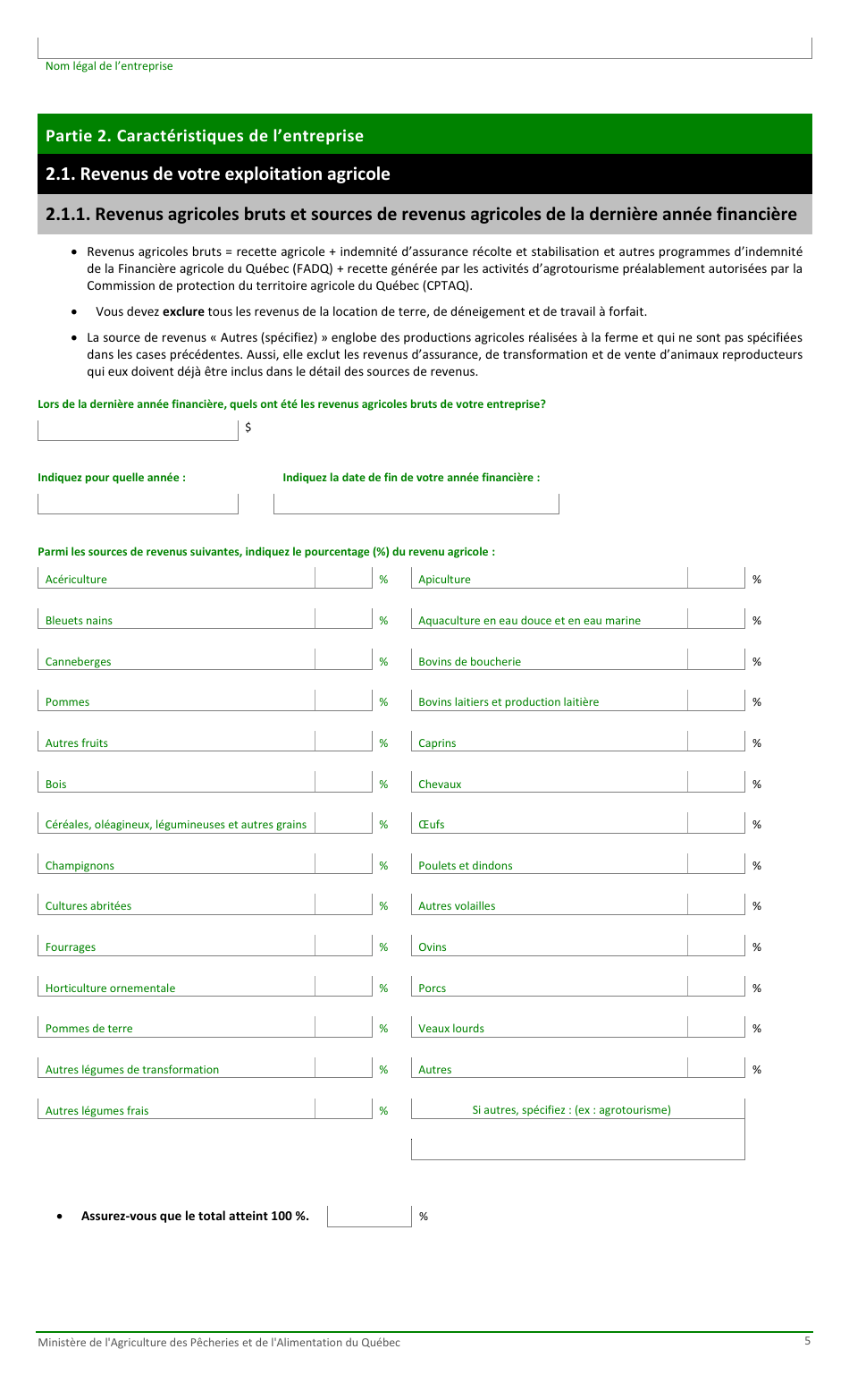 Formulaire Pour La Fiche Denregistrement Dune Exploitation Agricole Au Ministere De Lagriculture, DES Pecheries Et De Lalimentation - Quebec, Canada (French), Page 5
