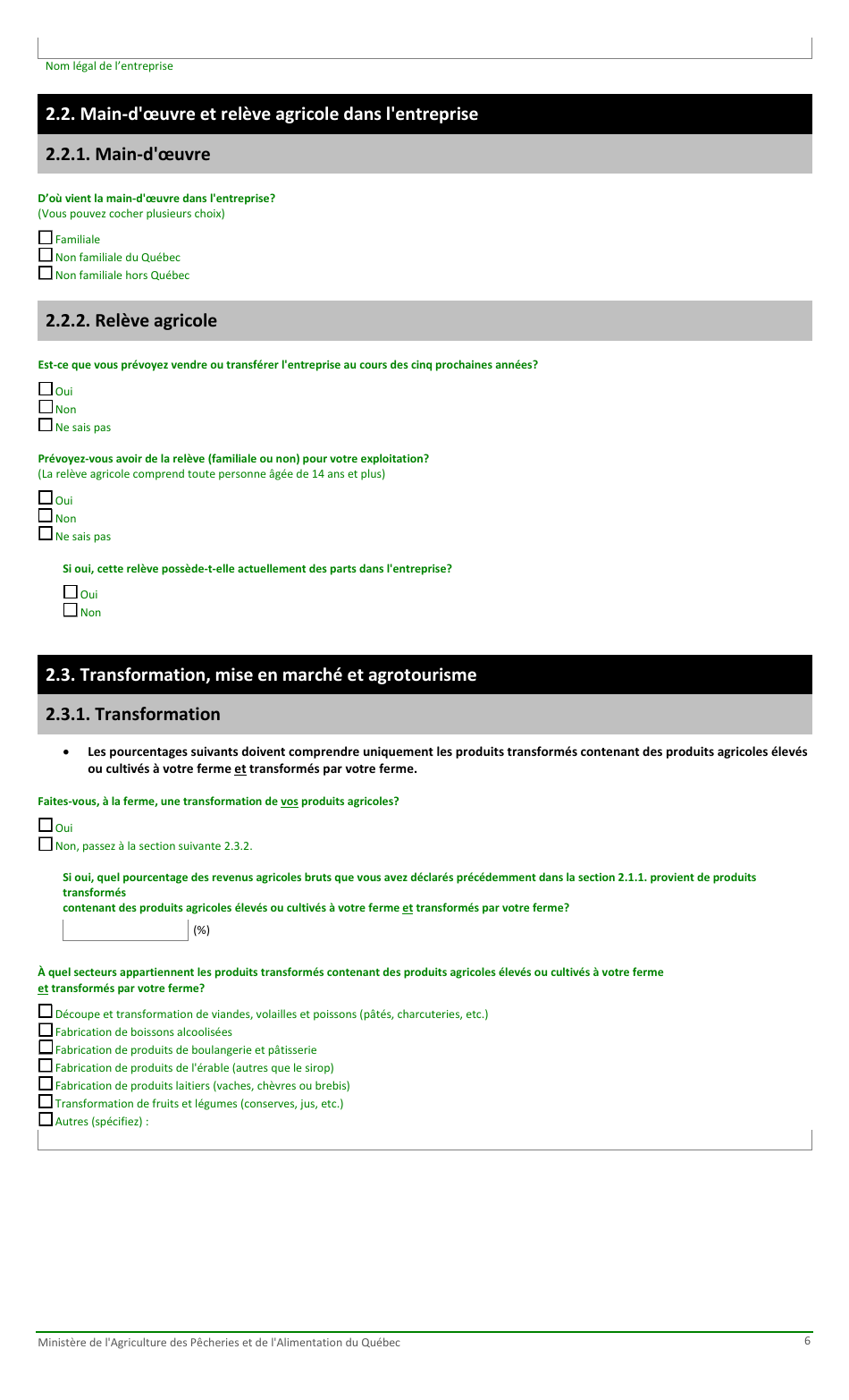 Formulaire Pour La Fiche Denregistrement Dune Exploitation Agricole Au Ministere De Lagriculture, DES Pecheries Et De Lalimentation - Quebec, Canada (French), Page 6