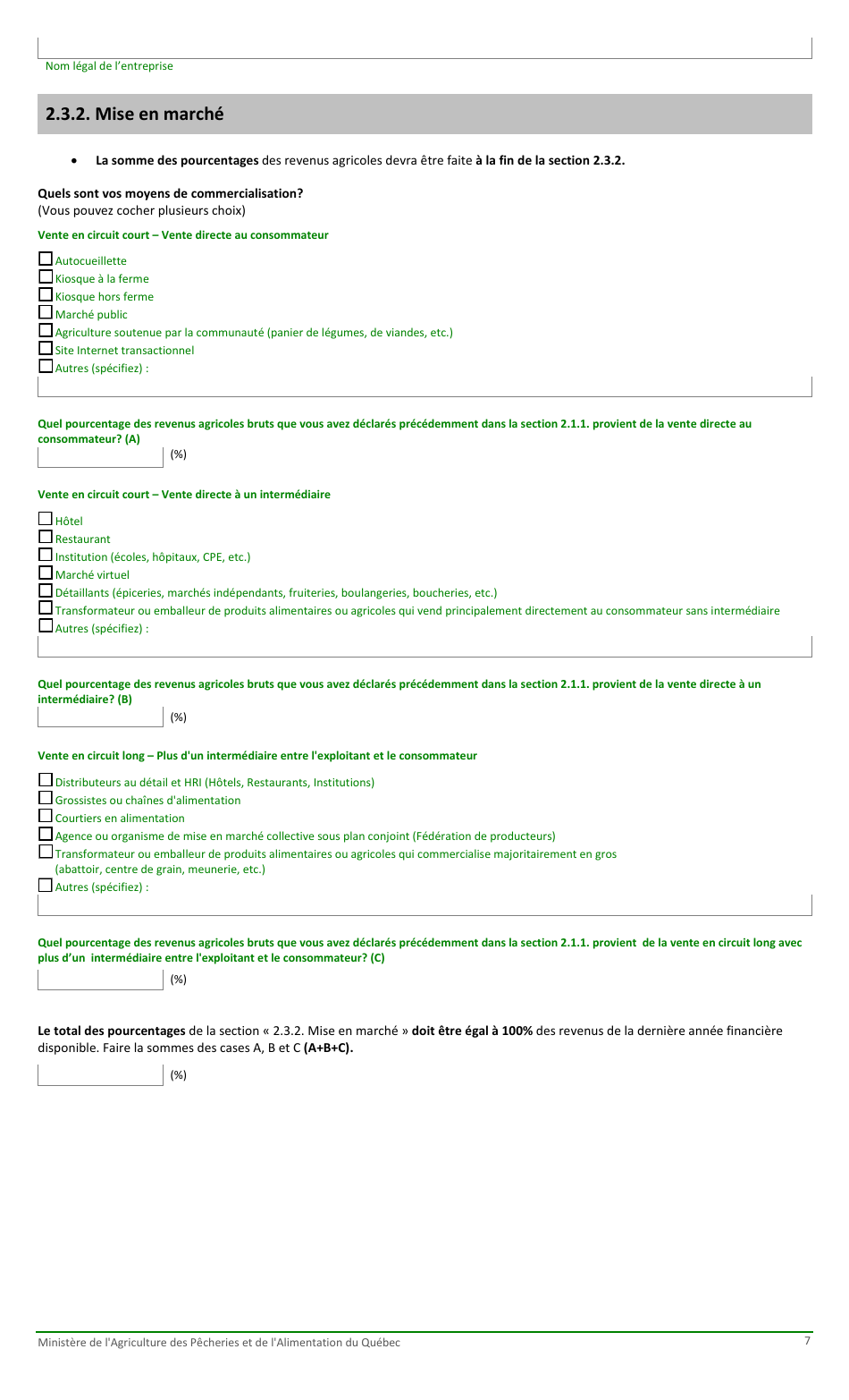 Formulaire Pour La Fiche Denregistrement Dune Exploitation Agricole Au Ministere De Lagriculture, DES Pecheries Et De Lalimentation - Quebec, Canada (French), Page 7