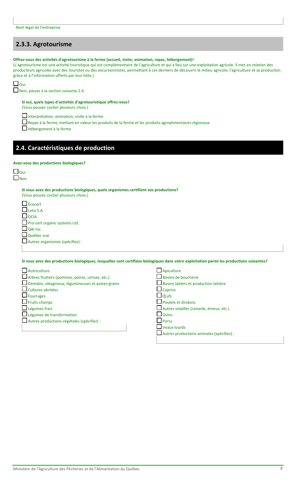 Formulaire Pour La Fiche Denregistrement Dune Exploitation Agricole Au Ministere De Lagriculture, DES Pecheries Et De Lalimentation - Quebec, Canada (French), Page 8
