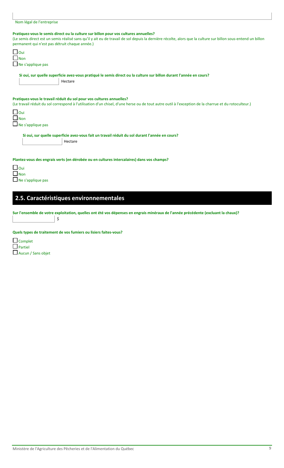 Formulaire Pour La Fiche Denregistrement Dune Exploitation Agricole Au Ministere De Lagriculture, DES Pecheries Et De Lalimentation - Quebec, Canada (French), Page 9