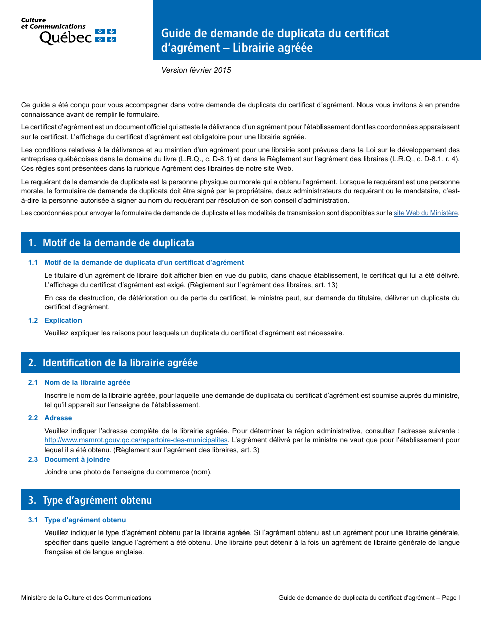 Formulaire De Demande De Duplicata Dun Certificat Dagrement - Librairie Agreee - Quebec, Canada (French), Page 1