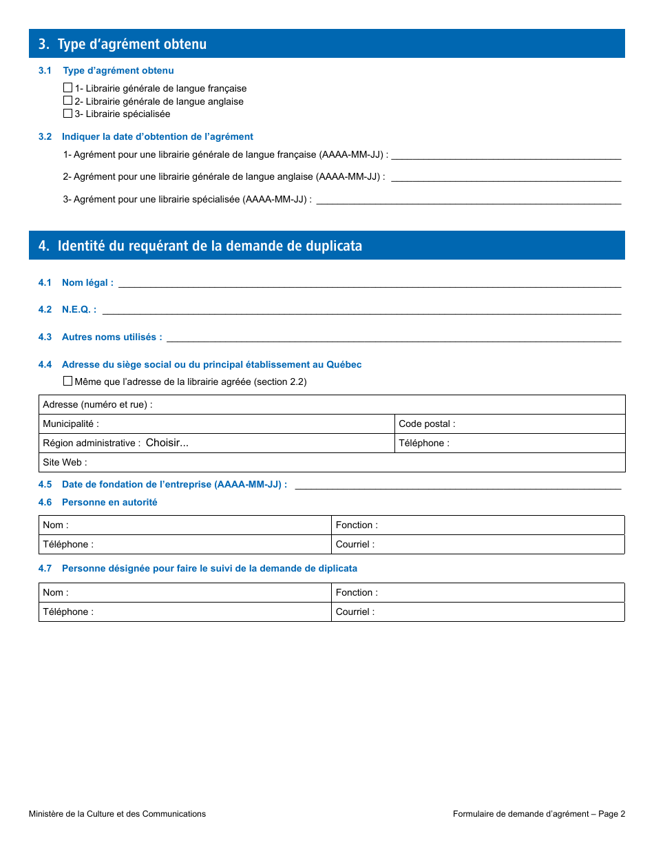 Formulaire De Demande De Duplicata Dun Certificat Dagrement - Librairie Agreee - Quebec, Canada (French), Page 4