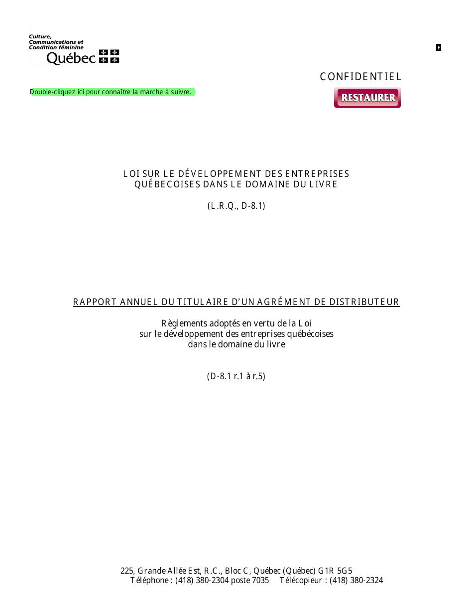 Rapport Annuel Du Titulaire Dun Dagrement De Distributeur - Quebec, Canada (French), Page 1