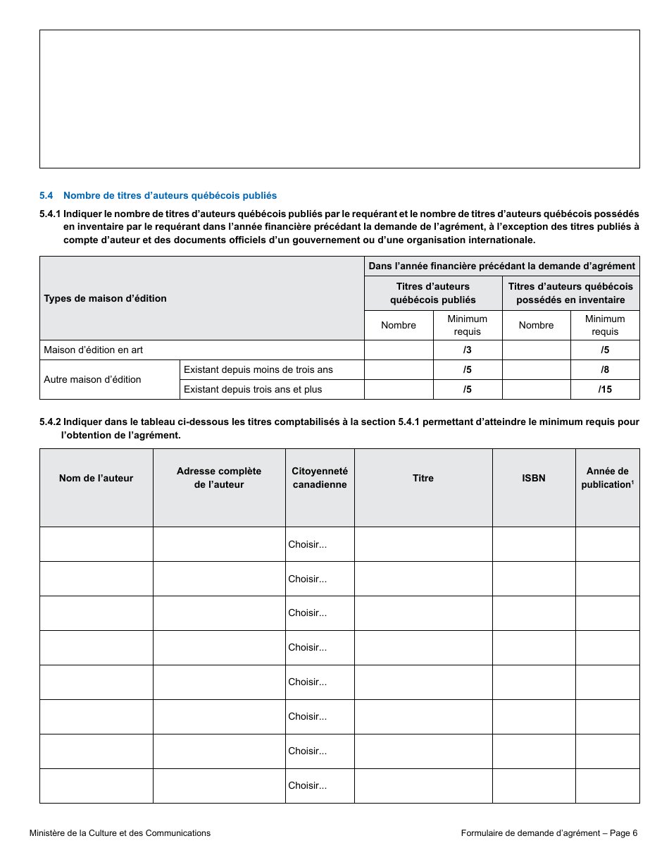 Formulaire De Demande Dagrement  Editeur - Quebec, Canada (French), Page 11