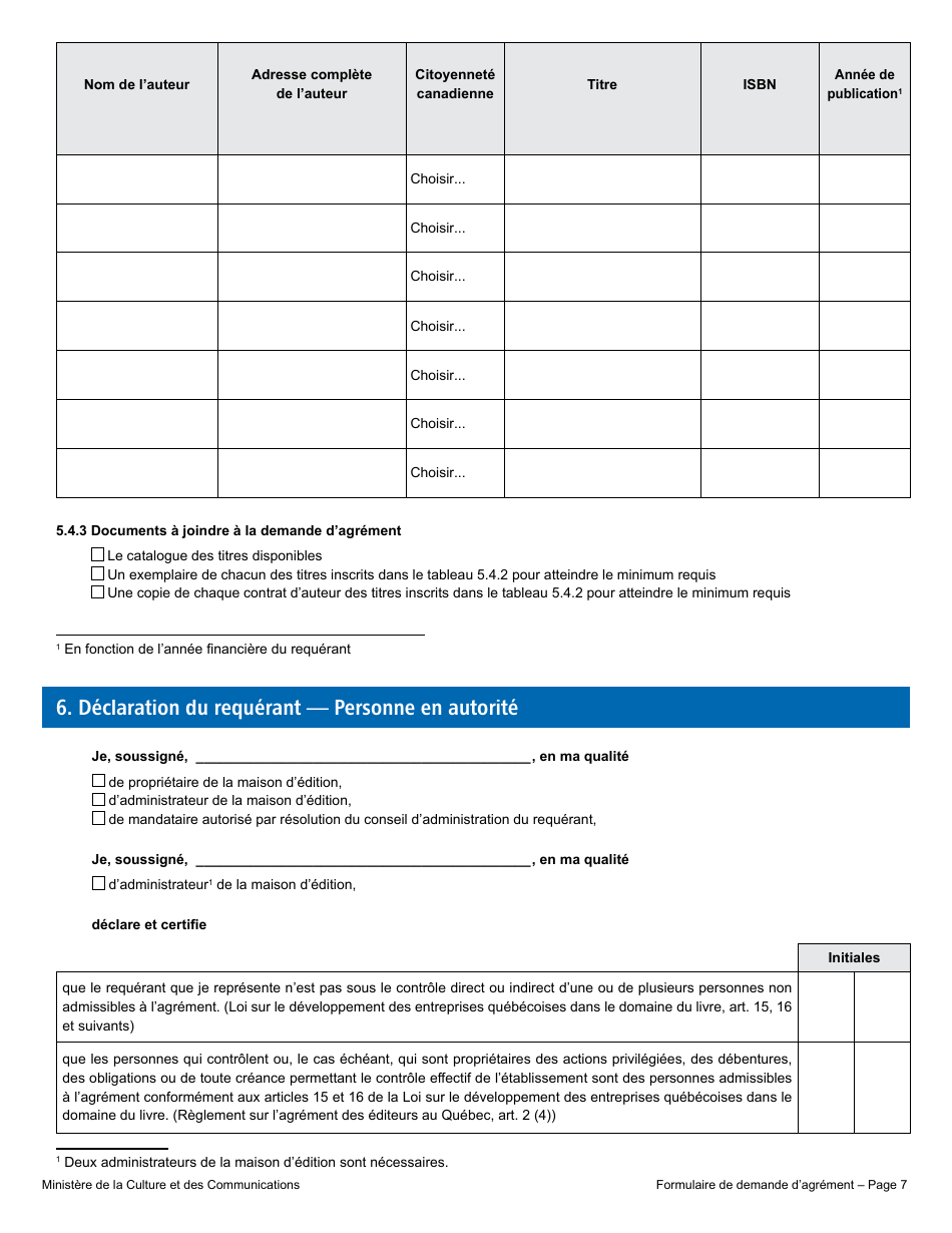 Formulaire De Demande Dagrement  Editeur - Quebec, Canada (French), Page 12