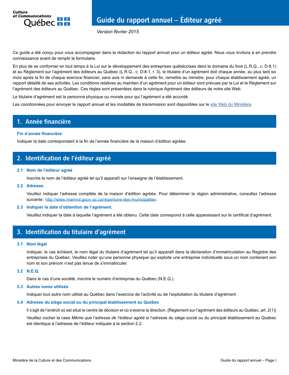 Rapport Annuel - Editeur Agree - Quebec, Canada (French), Page 1
