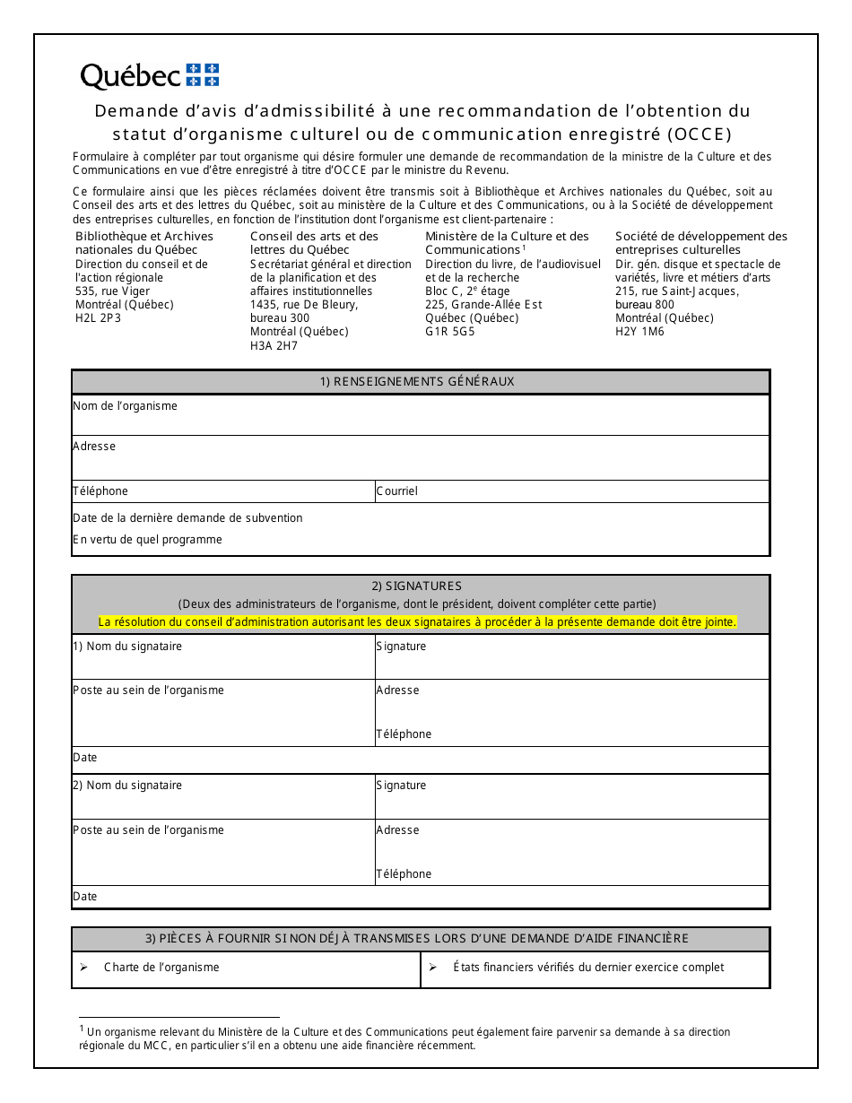 Demande Davis Dadmissibilite a Une Recommandation De Lobtention Du Statut Dorganisme Culturel Ou De Communication Enregistre (Occe) - Quebec, Canada (French), Page 1