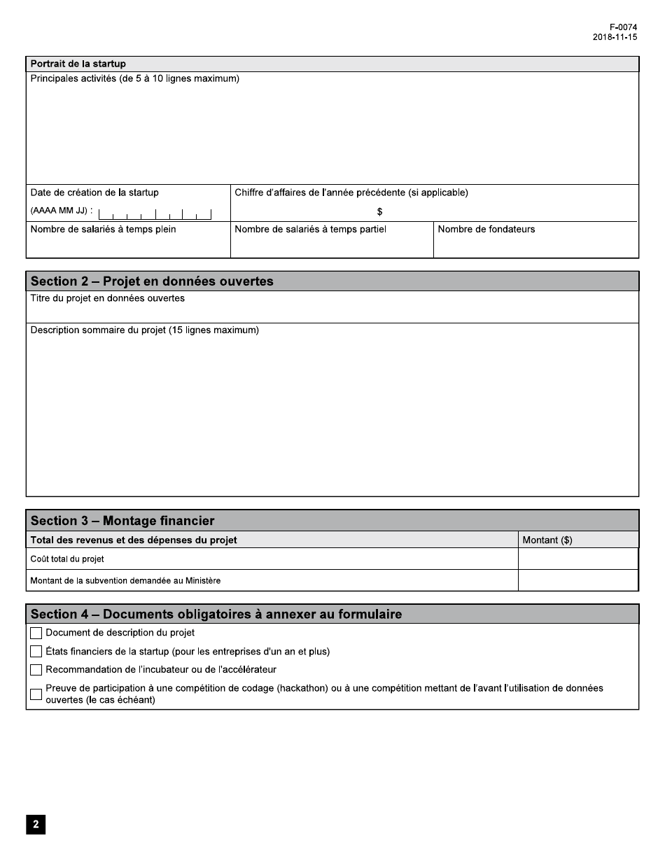 Forme F-0074 Volet 3 Soutien Aux Entreprises Technologiques Innovantes Donnees Ouvertes: Appui Aux Projets Dinnovation DES Startups Demande Daide Financiere - Quebec, Canada (French), Page 2