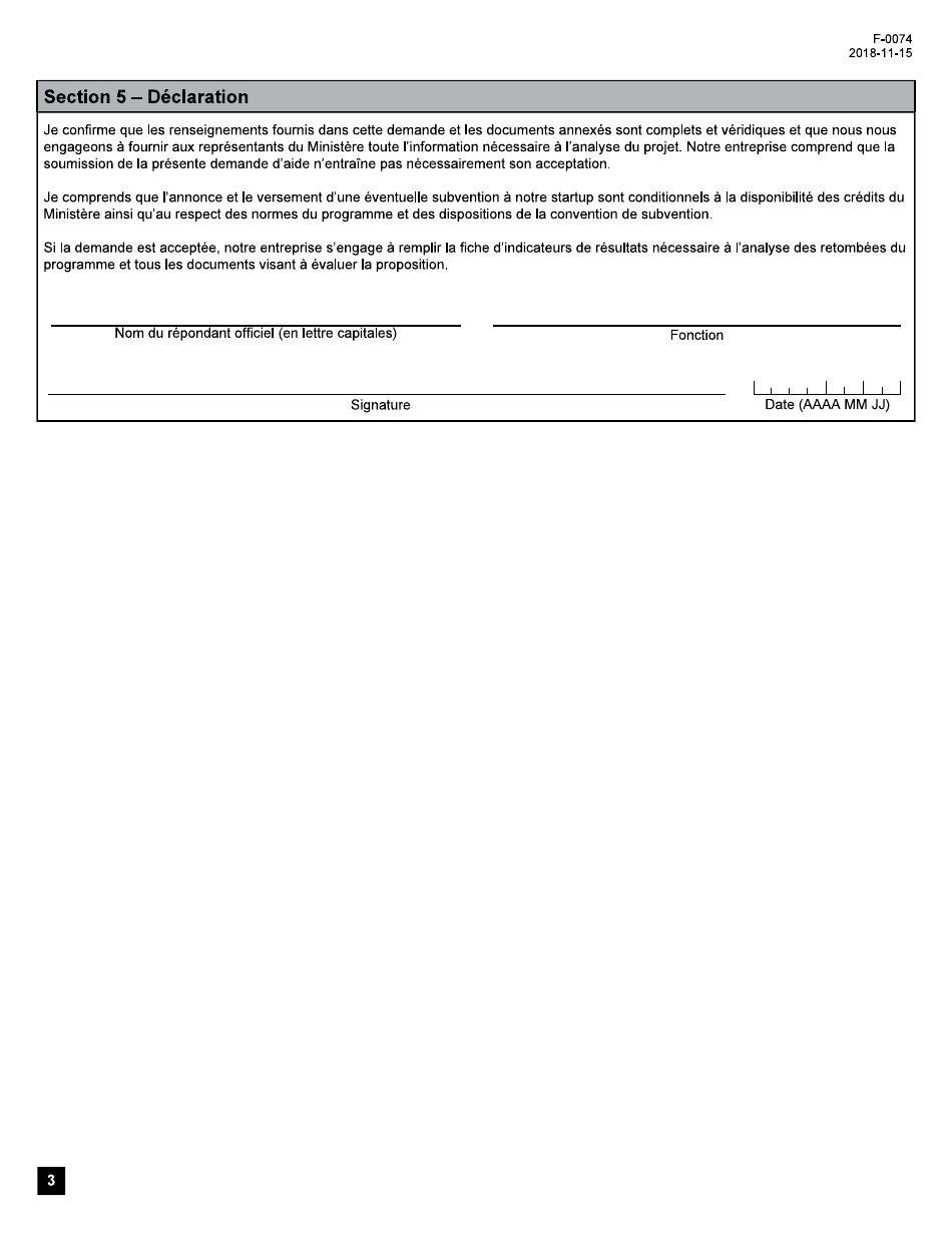Forme F-0074 Volet 3 Soutien Aux Entreprises Technologiques Innovantes Donnees Ouvertes: Appui Aux Projets Dinnovation DES Startups Demande Daide Financiere - Quebec, Canada (French), Page 3