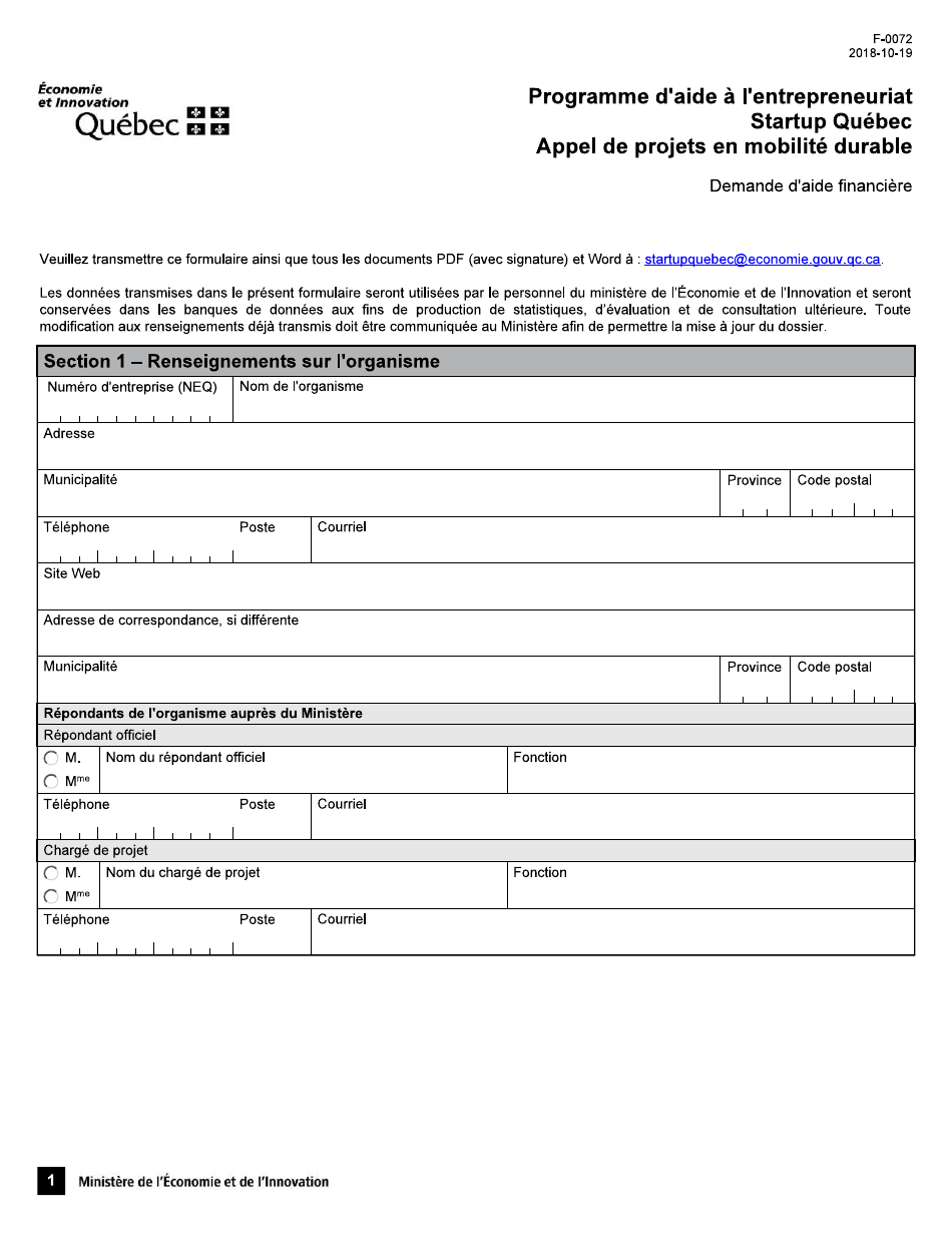 Forme F-0072 Startup Quebec Appel De Projets En Mobilite Durable Demande Daide Financiere - Quebec, Canada (French), Page 1