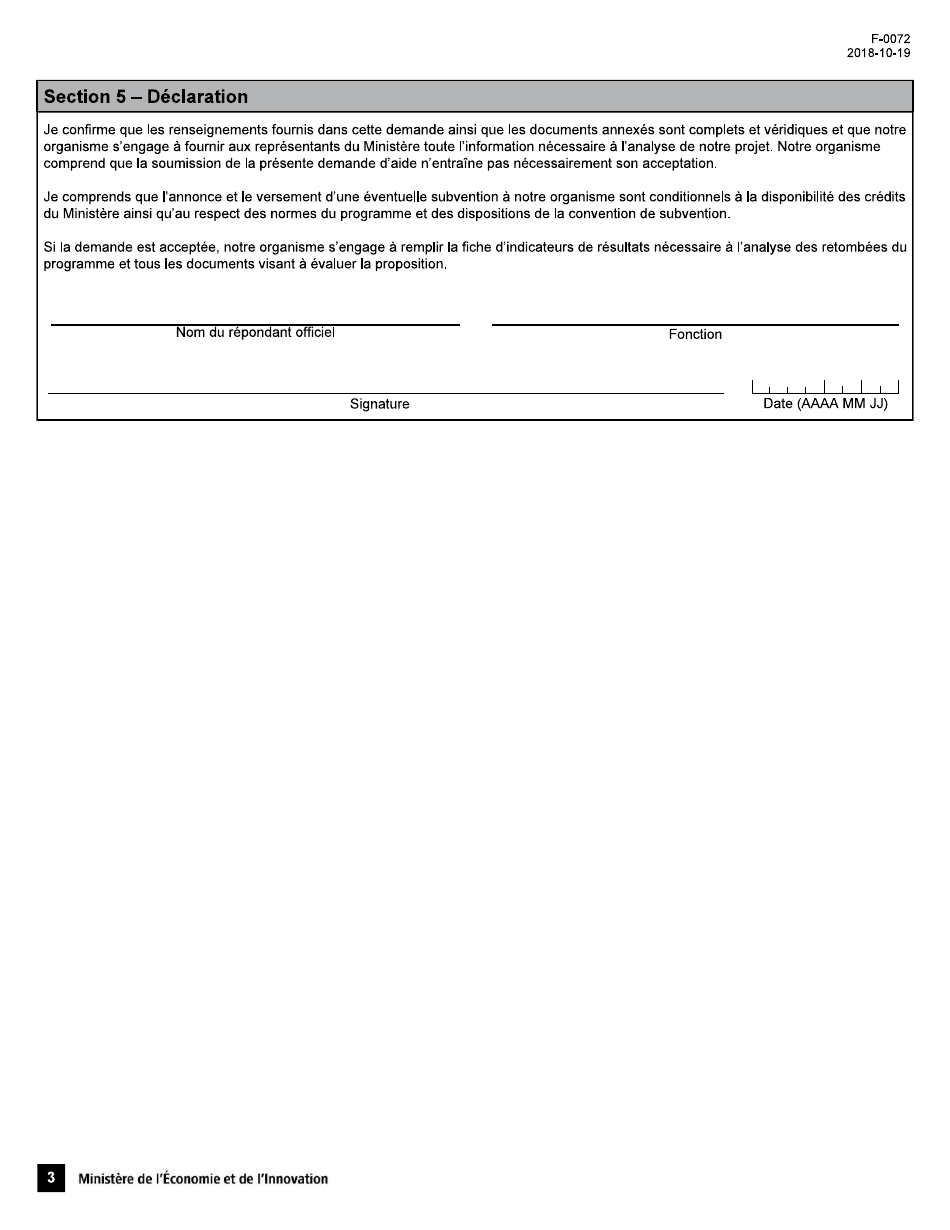 Forme F-0072 Startup Quebec Appel De Projets En Mobilite Durable Demande Daide Financiere - Quebec, Canada (French), Page 3