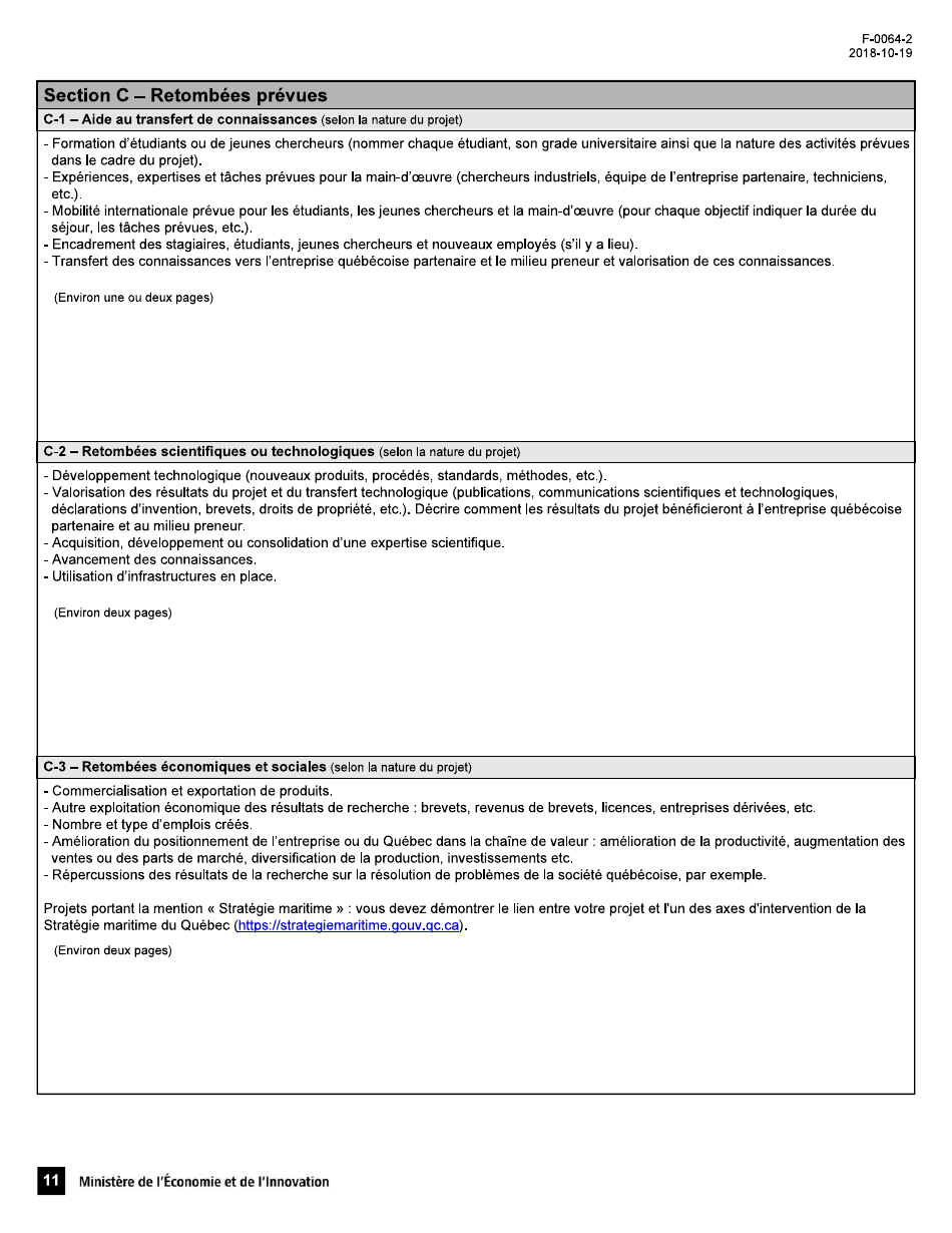 Forme F-0064-2 Appel De Projets Quebec-Israel Formulaire De Demande Daide Financiere - Quebec, Canada (French), Page 11