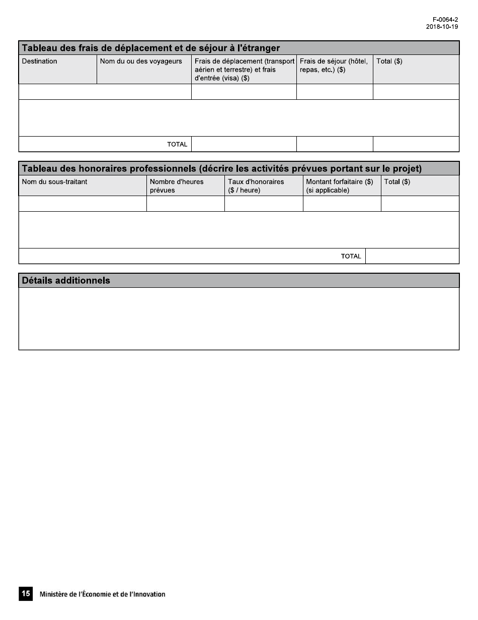 Forme F-0064-2 Appel De Projets Quebec-Israel Formulaire De Demande Daide Financiere - Quebec, Canada (French), Page 15