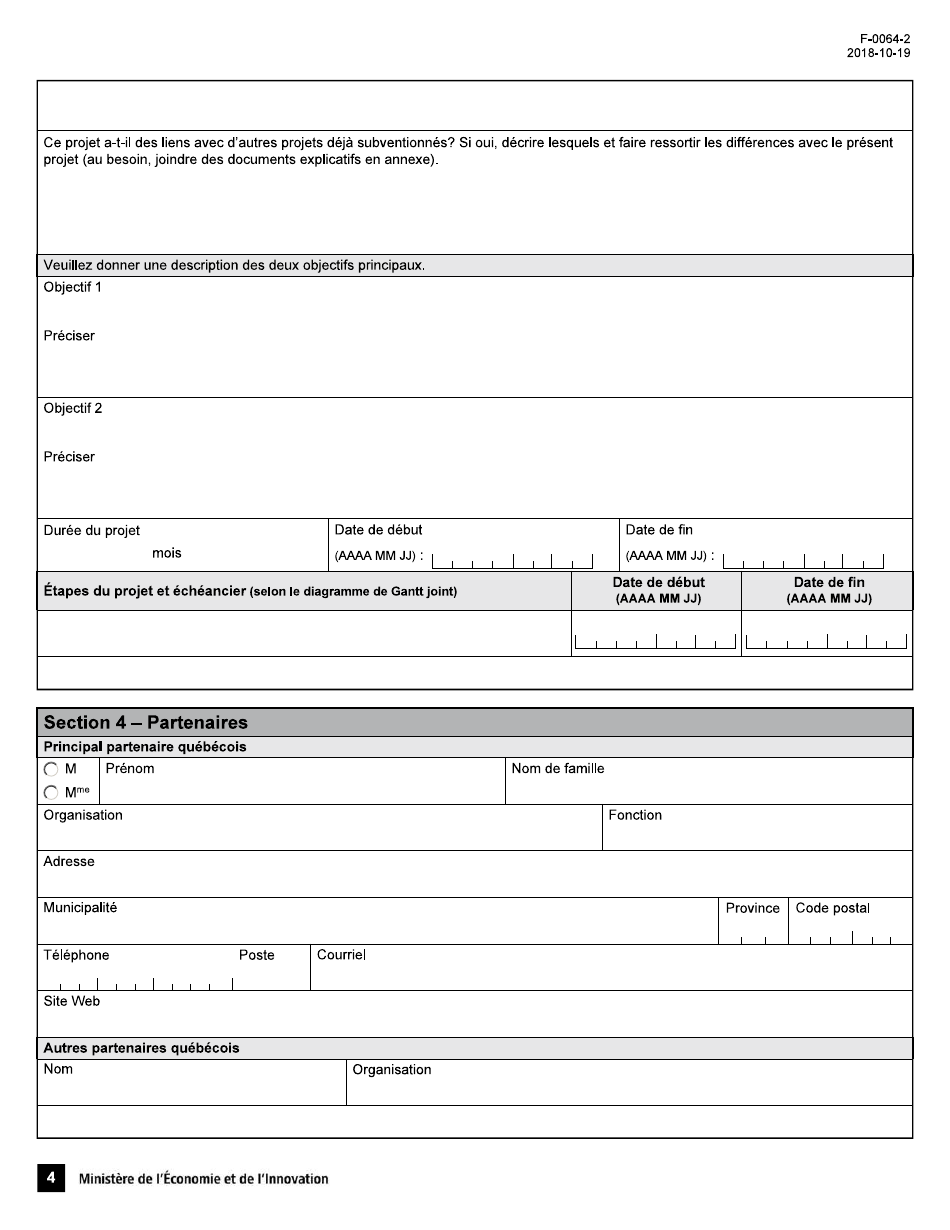 Forme F-0064-2 Appel De Projets Quebec-Israel Formulaire De Demande Daide Financiere - Quebec, Canada (French), Page 4