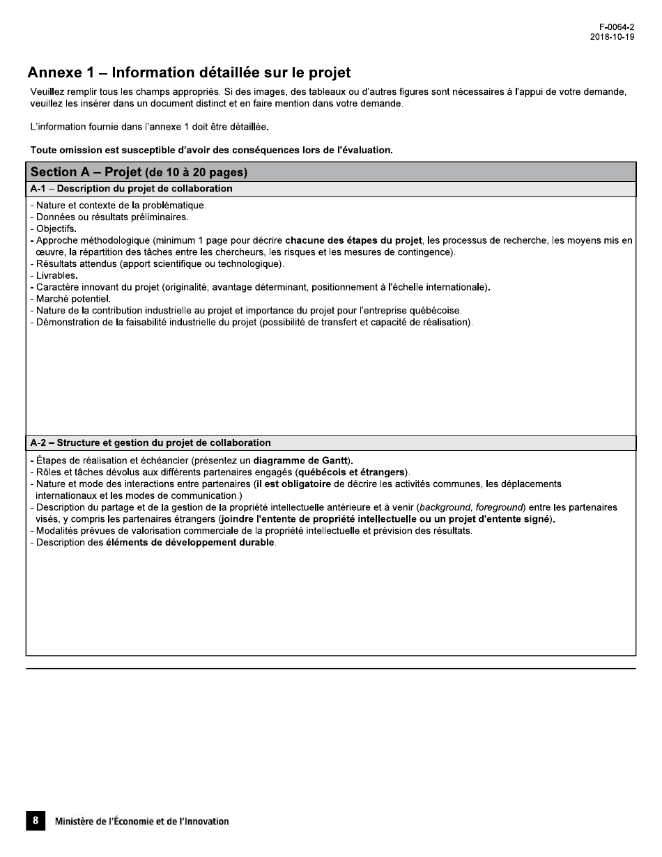 Forme F-0064-2 Appel De Projets Quebec-Israel Formulaire De Demande Daide Financiere - Quebec, Canada (French), Page 8