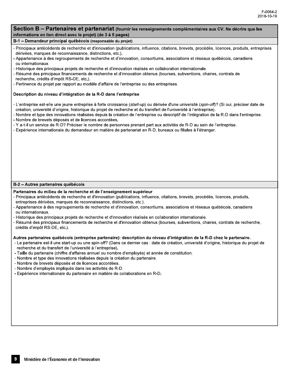 Forme F-0064-2 Appel De Projets Quebec-Israel Formulaire De Demande Daide Financiere - Quebec, Canada (French), Page 9