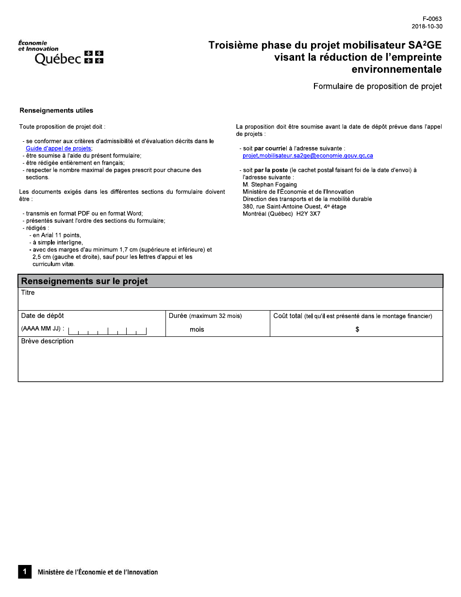 Forme F-0063 Troisieme Phase Du Projet Mobilisateur Sa2ge Visant La Reduction De Lempreinte Environnementale Formulaire De Proposition De Projet - Quebec, Canada (French), Page 1
