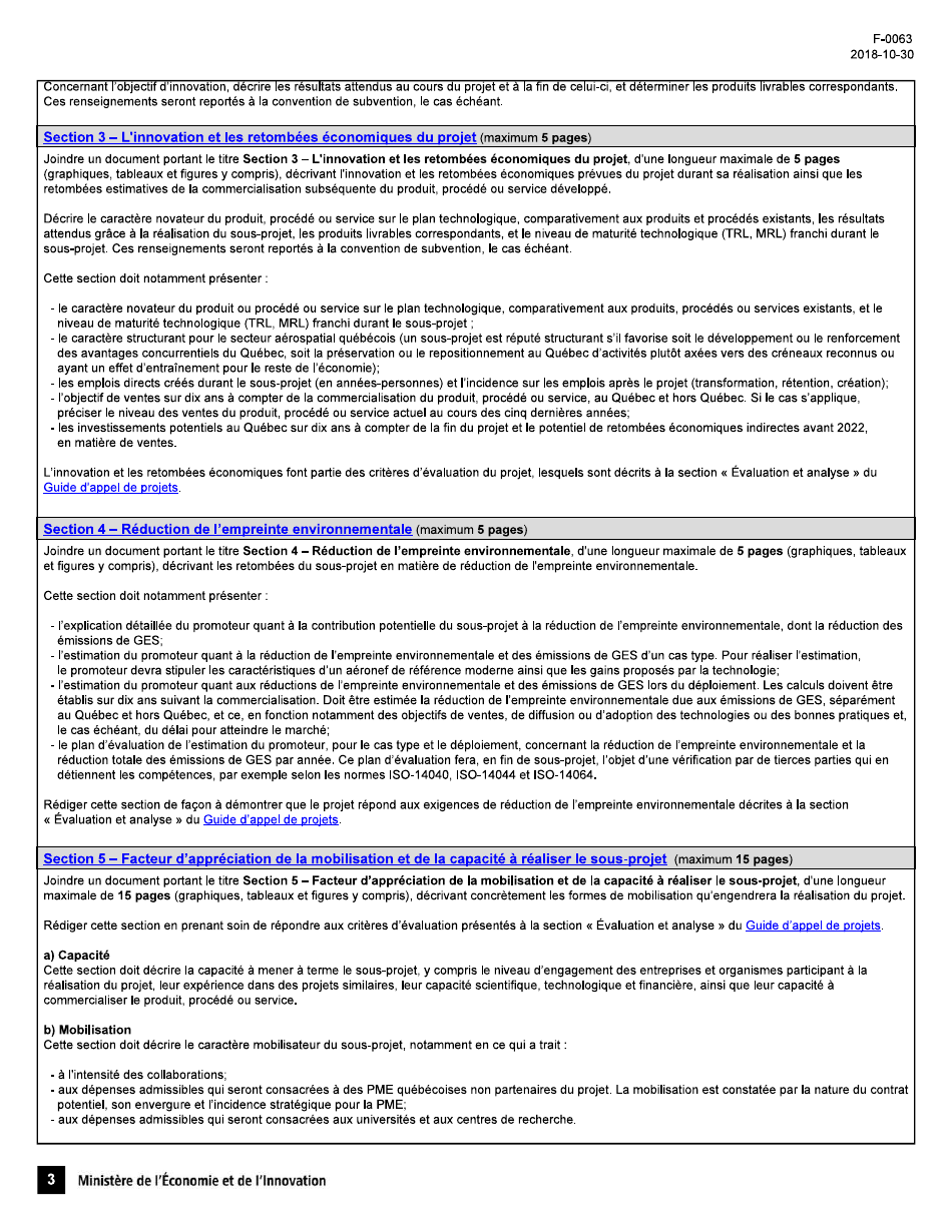 Forme F-0063 Troisieme Phase Du Projet Mobilisateur Sa2ge Visant La Reduction De Lempreinte Environnementale Formulaire De Proposition De Projet - Quebec, Canada (French), Page 3
