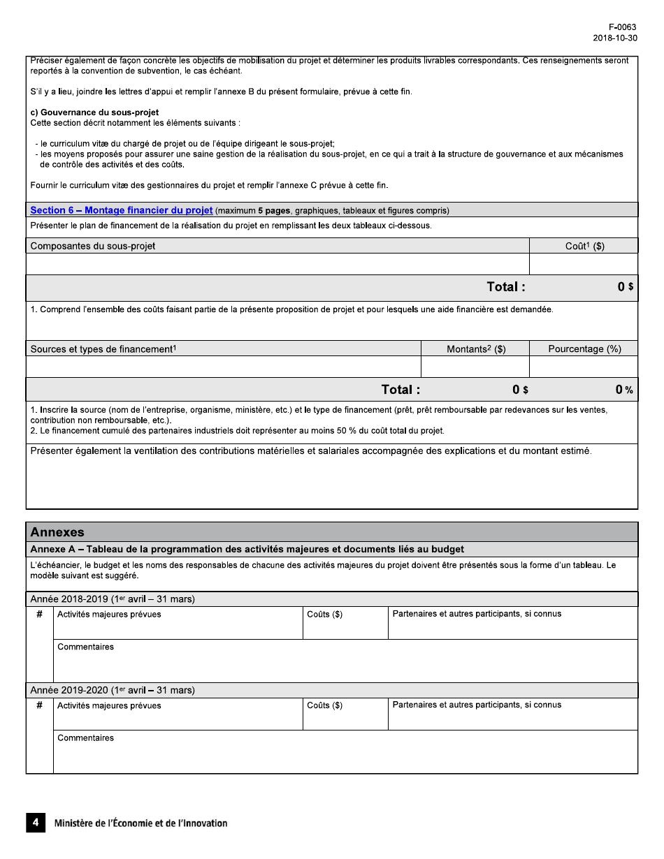 Forme F-0063 Troisieme Phase Du Projet Mobilisateur Sa2ge Visant La Reduction De Lempreinte Environnementale Formulaire De Proposition De Projet - Quebec, Canada (French), Page 4