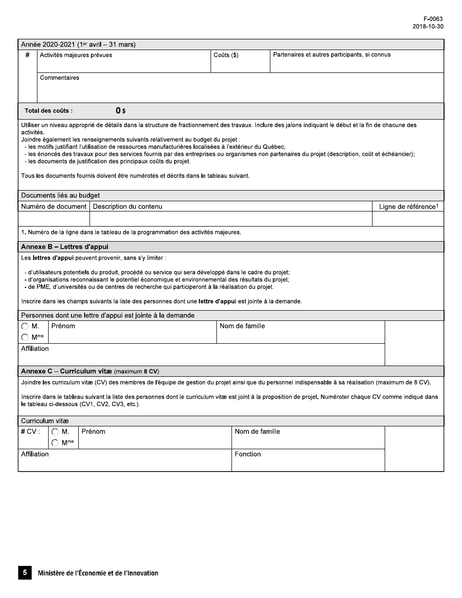 Forme F-0063 Troisieme Phase Du Projet Mobilisateur Sa2ge Visant La Reduction De Lempreinte Environnementale Formulaire De Proposition De Projet - Quebec, Canada (French), Page 5