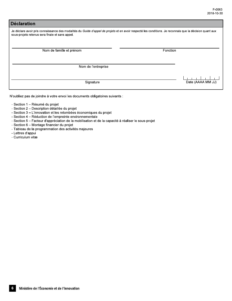 Forme F-0063 Troisieme Phase Du Projet Mobilisateur Sa2ge Visant La Reduction De Lempreinte Environnementale Formulaire De Proposition De Projet - Quebec, Canada (French), Page 6