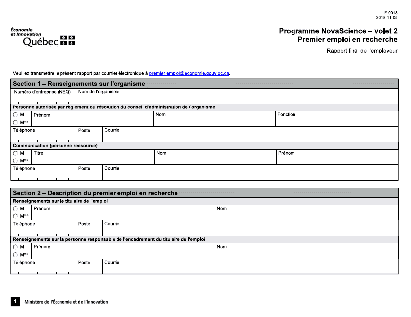 Forme F-0018 Rapport Final De L'employeur - Premier Emploi En Recherche - Quebec, Canada (French)