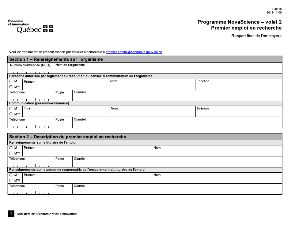 Forme F-0018 Rapport Final De Lemployeur - Premier Emploi En Recherche - Quebec, Canada (French), Page 1