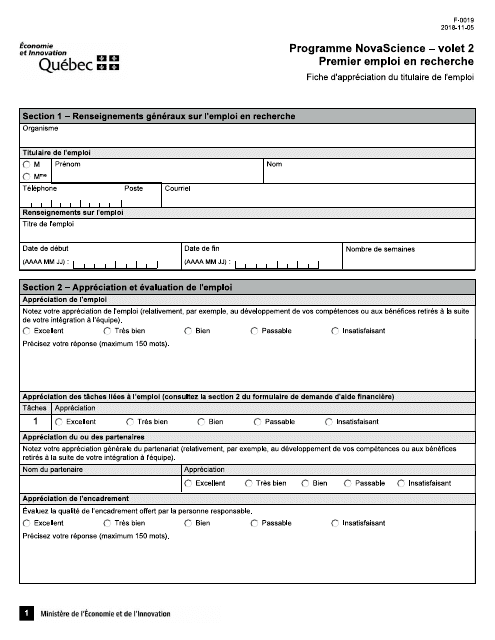 Forme F-0019 Fiche D'appreciation Du Titulaire De L'emploi - Premier Emploi En Recherche - Quebec, Canada (French)