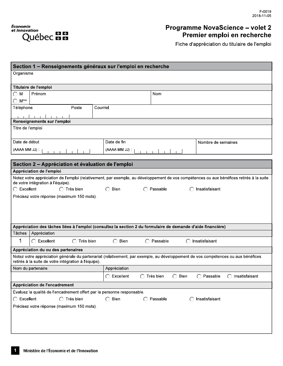 Forme F-0019 Fiche Dappreciation Du Titulaire De Lemploi - Premier Emploi En Recherche - Quebec, Canada (French), Page 1