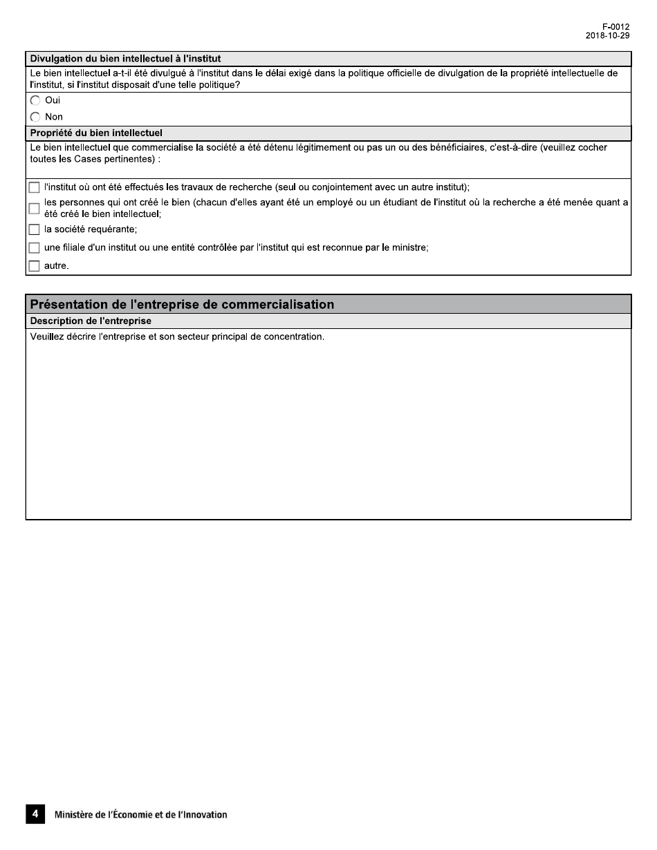 Forme F-0012 Demande Dattestation Dentreprise  Conge Dimpot Sur Le Revenu Pour Une Societe Dediee a La Commercialisation Dune Propriete Intellectuelle - Quebec, Canada (French), Page 4
