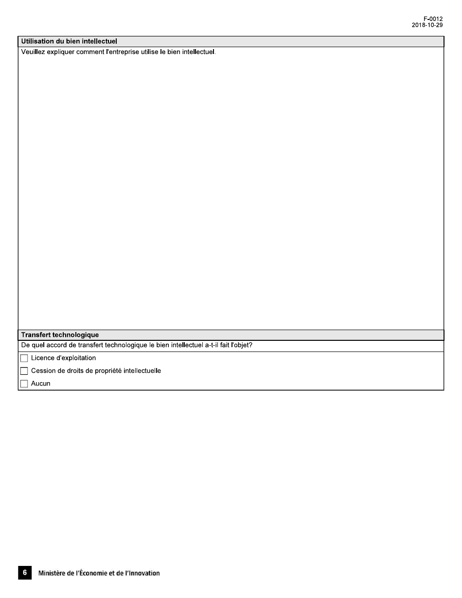 Forme F-0012 Demande Dattestation Dentreprise  Conge Dimpot Sur Le Revenu Pour Une Societe Dediee a La Commercialisation Dune Propriete Intellectuelle - Quebec, Canada (French), Page 6