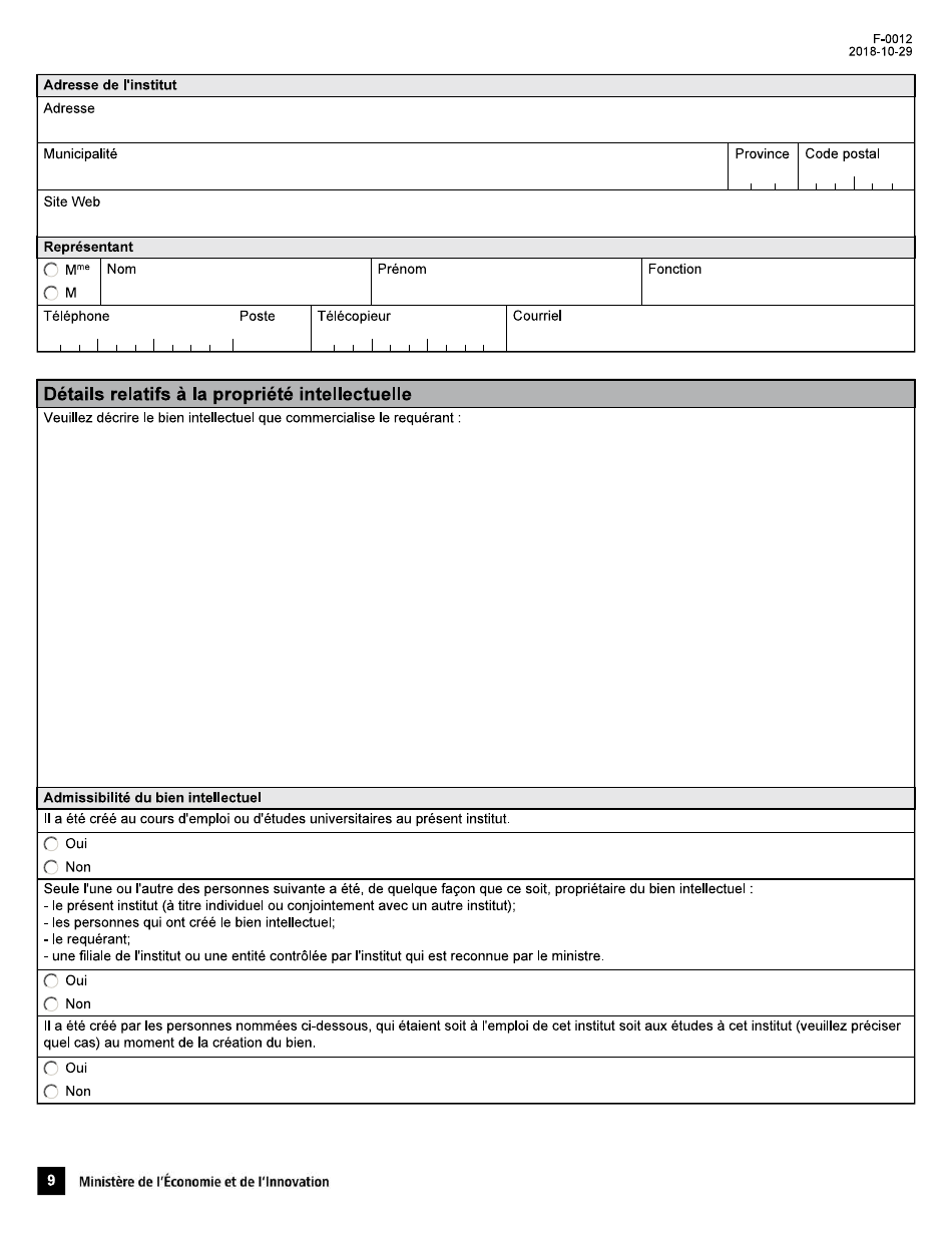 Forme F-0012 Demande Dattestation Dentreprise  Conge Dimpot Sur Le Revenu Pour Une Societe Dediee a La Commercialisation Dune Propriete Intellectuelle - Quebec, Canada (French), Page 9