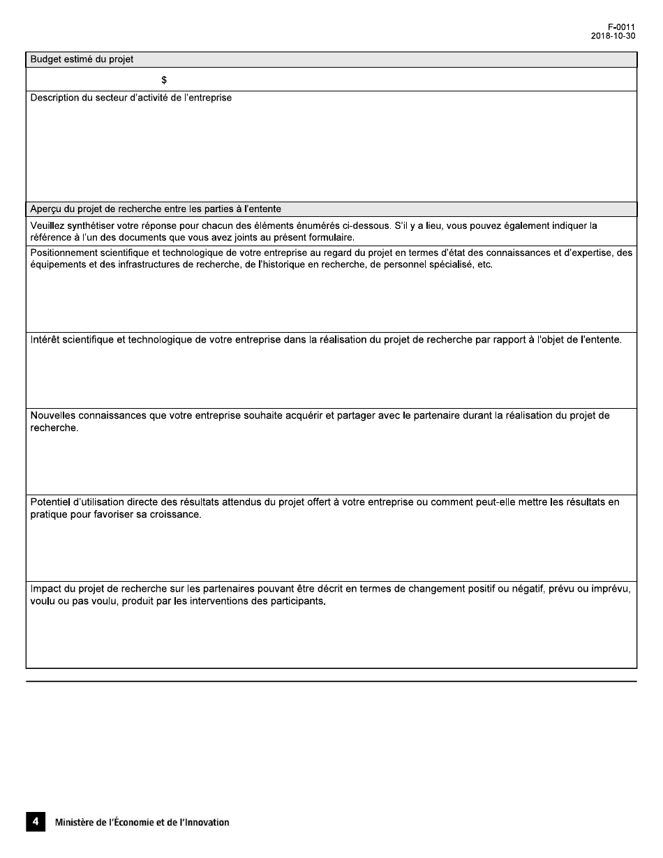 Forme F-0011 Demande Dattestation Dadmissibilite - Credit Dimpot Pour La Recherche Precompetitive En Partenariat Prive - Quebec, Canada (French), Page 4