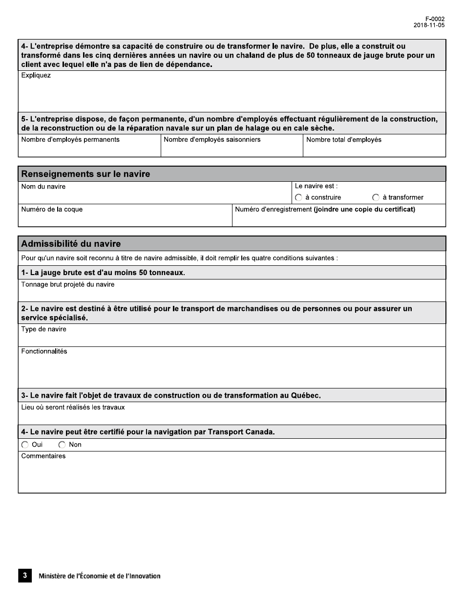 Forme F-0002 Formulaire De Demande De Certificat De Navire - Quebec, Canada (French), Page 3