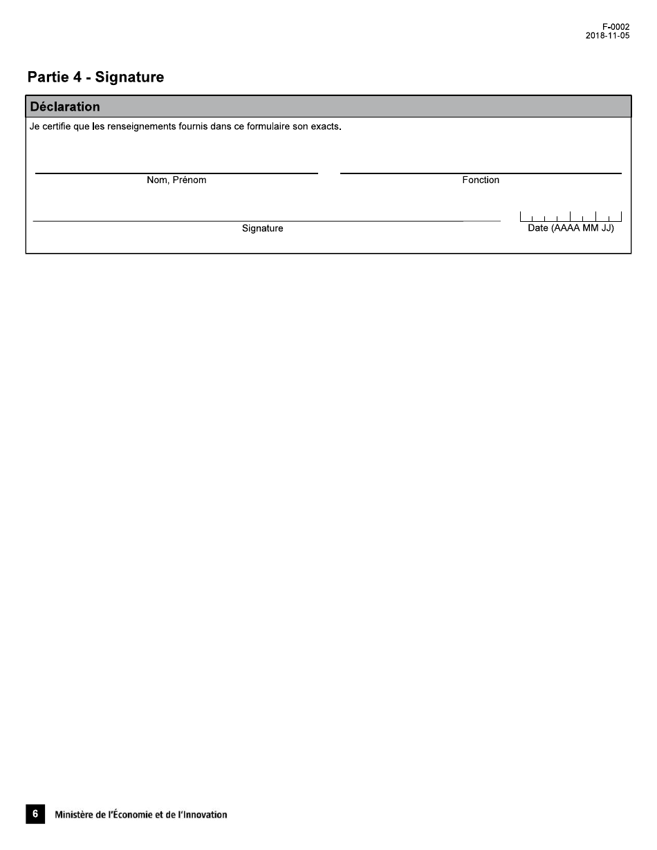 Forme F-0002 Formulaire De Demande De Certificat De Navire - Quebec, Canada (French), Page 6