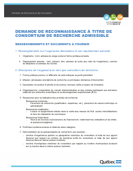 Document preview: Demande De Reconnaissance a Titre De Consortium De Recherche Admissible - Quebec, Canada (French)