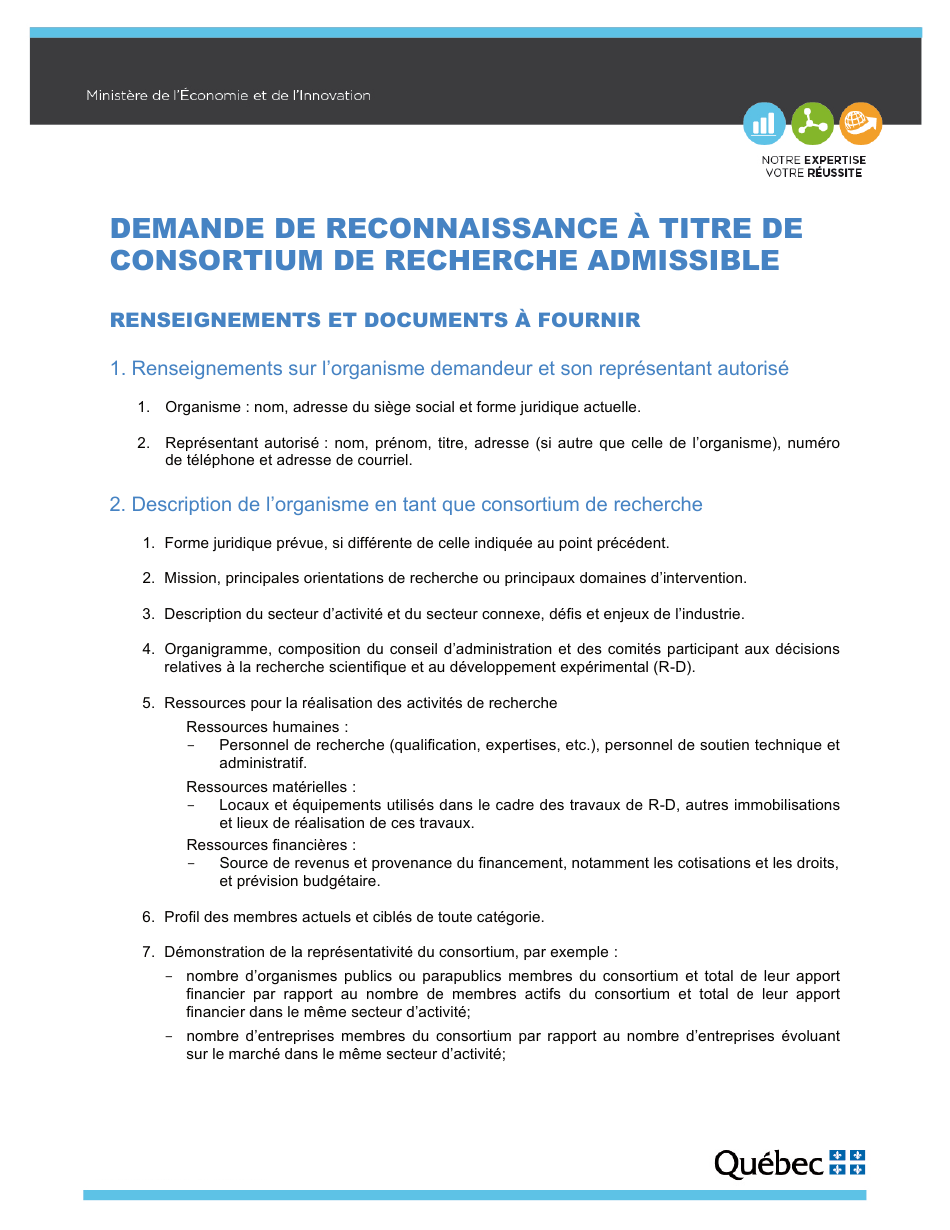 Demande De Reconnaissance a Titre De Consortium De Recherche Admissible - Quebec, Canada (French), Page 1