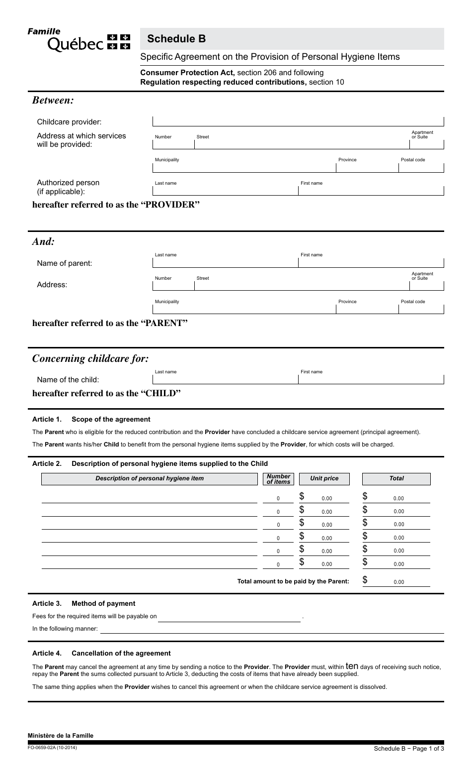 Form FO-0659-02A Schedule B Specific Agreement on the Provision of Personal Hygiene Items - Quebec, Canada, Page 1