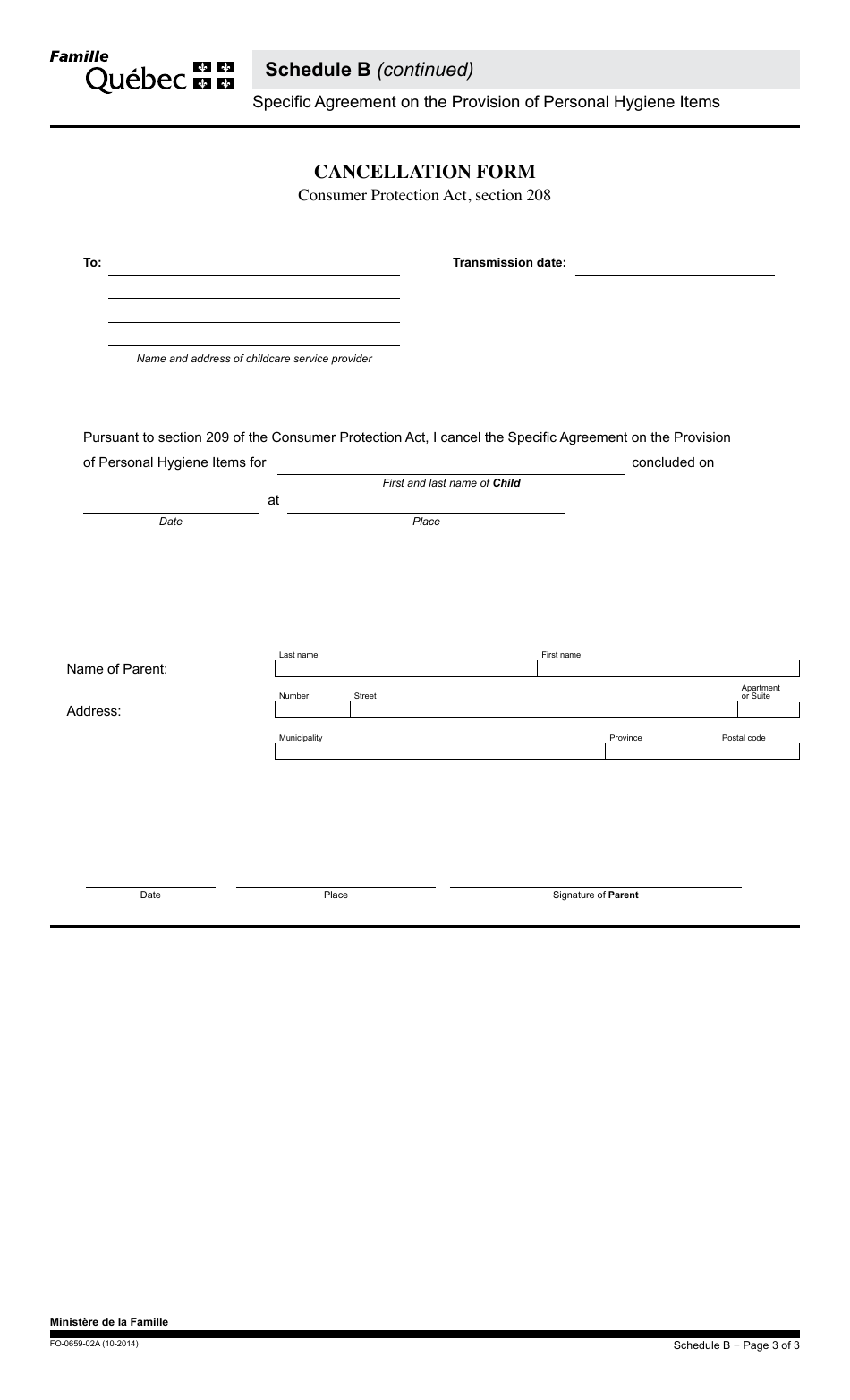Form FO-0659-02A Schedule B Specific Agreement on the Provision of Personal Hygiene Items - Quebec, Canada, Page 3
