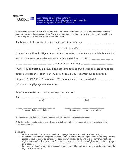 Autorisation De Pieger Sur Un Terrain Ou DES Droits Exclusifs De Piegeage Ont Ete Concedes - Quebec, Canada (French) Download Pdf