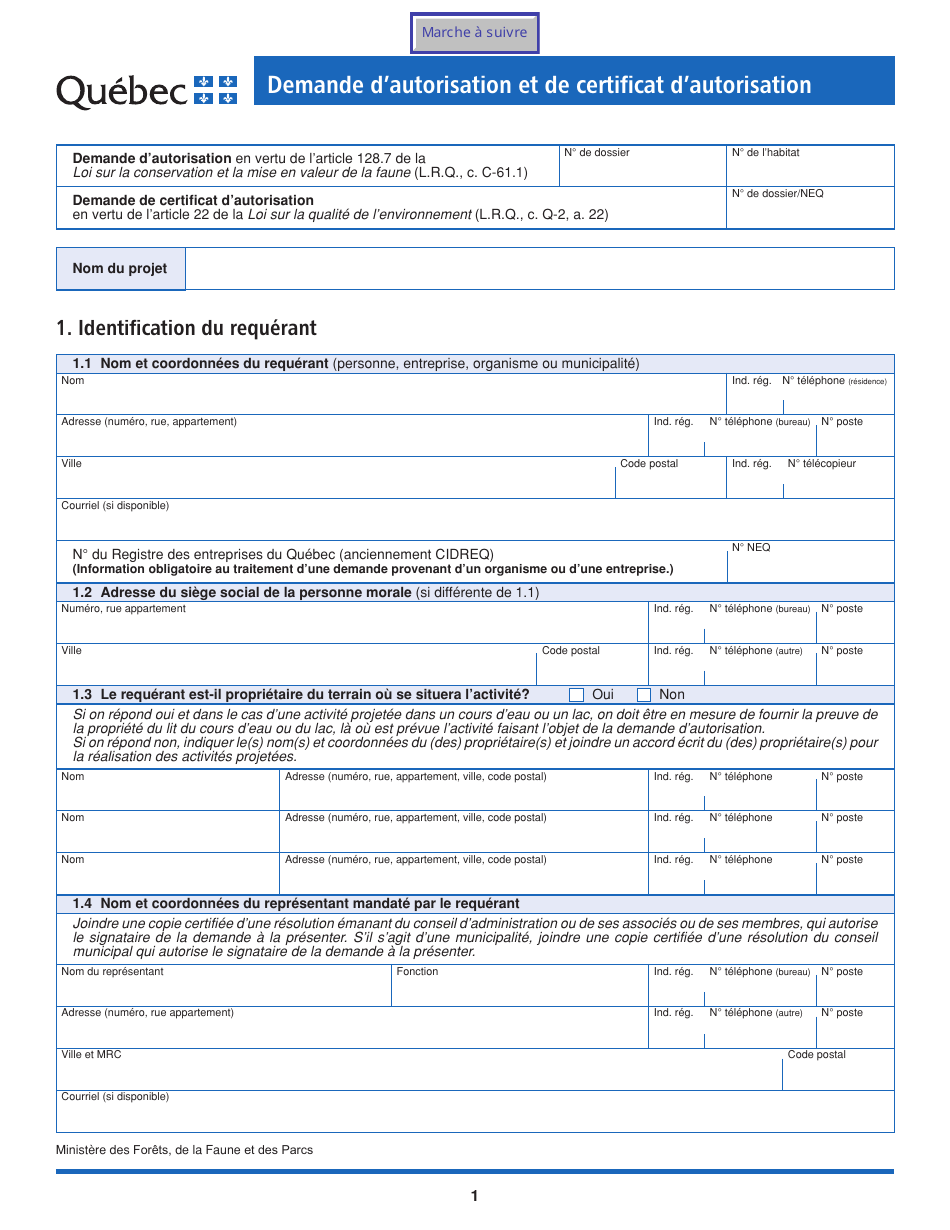 Demande Dautorisation Et De Certificat Dautorisation - Quebec, Canada (French), Page 1