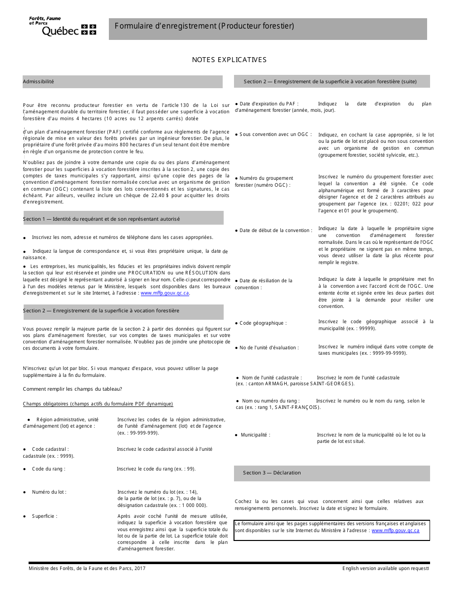 Formulaire Denregistrement (Producteur Forestier) - Quebec, Canada (French), Page 1