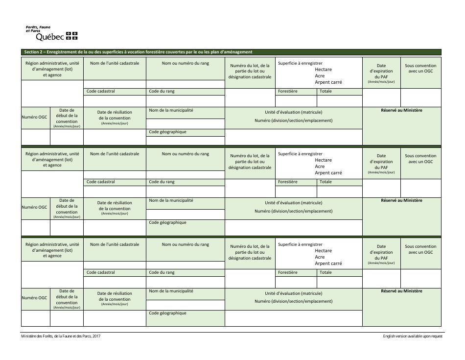 Formulaire Denregistrement (Producteur Forestier) - Quebec, Canada (French), Page 3