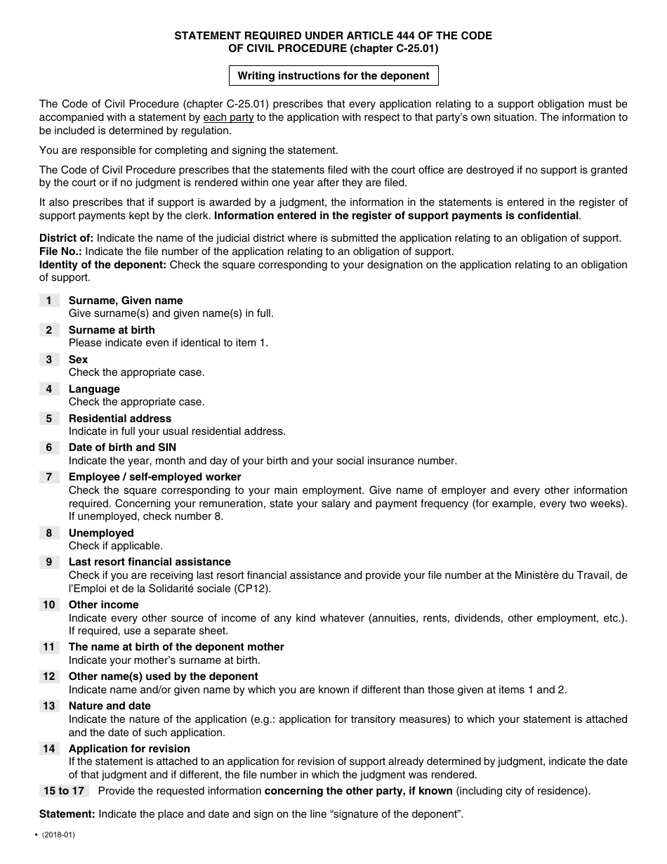 Schedule I Statement Required Under Article 444 of the Code of Civil Procedure (Chapter C-25.01) - Quebec, Canada, Page 2