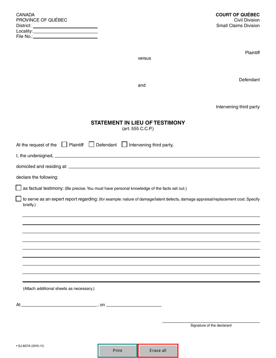 Form SJ-837A Statement in Lieu of Testimony - Quebec, Canada, Page 2