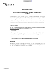 Form SJ-855A Application for Transfer to the Small Claims Division - Quebec, Canada