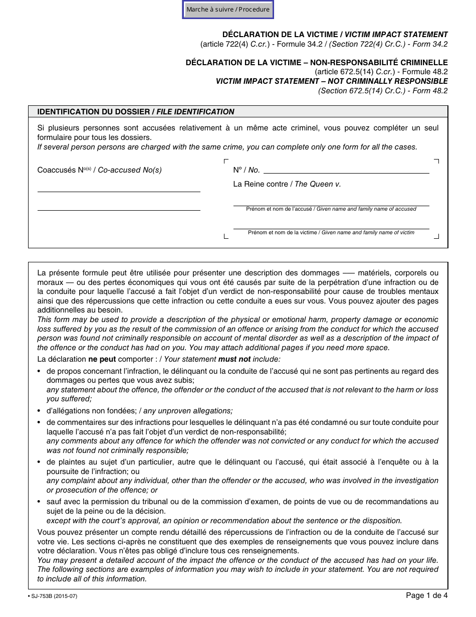 Form 34.2 (48.2; SJ-753B) Victim Impact Statement - Quebec, Canada (English / French), Page 1